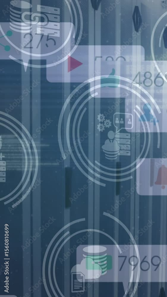 Poster animation of data processing and media icons over server room