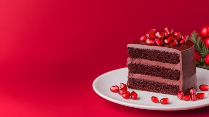 Chocolate layer cake with pomegranate seeds, Gourmet dessert slice on white plate, Festive holiday treat, Red background, Minimalist food photography, Copy space for text

