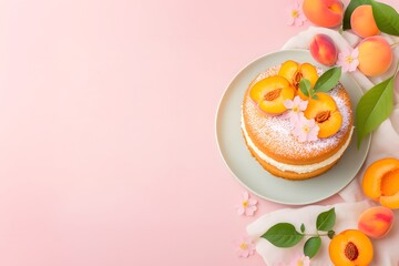 Apricot cake with blossom and leaves, Whole and sliced fruit, Elegant dessert on pink background, Spring sweet, Pastel minimal food styling, Top view, Copy space for text

