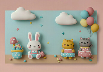 Obraz premium Cute clay art scene with rabbit and cats. Creative children's illustration with animals and balloons. Sweet craft for newborn announcement.