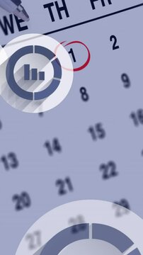 Animation of diagram icons floating over calendar and pen