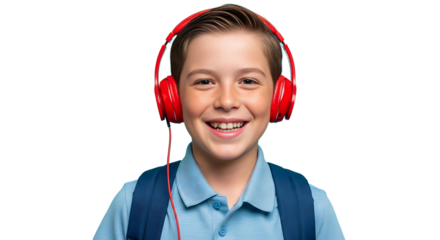 Isolated mid-shot of joyful freckled schoolboy with headphones and backpack on transparent background