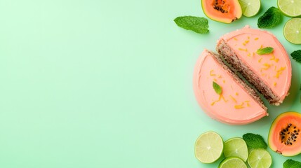 Pink fruit cake with papaya and lime, Mint garnish, Fresh tropical dessert, Green pastel background, Modern minimal food styling, Flat lay, Copy space for text

