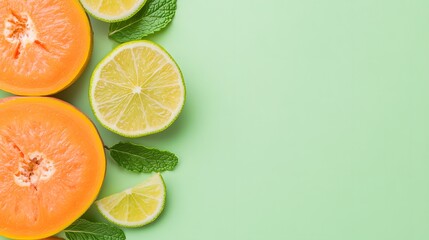 Citrus fruit slices with mint, Fresh grapefruit and lime, Healthy food ingredient, Flat lay on green pastel background, Summer refreshment, Minimalist design, Copy space

