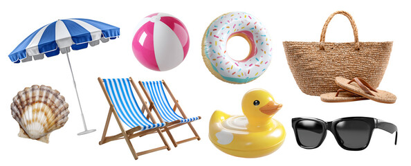 Set of beach pool must-have accessory essential gear, sunglass seashell bag, flip flops, deck chair lounger parasol umbrella towel, inflatable float ball, transparent cutout PNG. Many different mockup