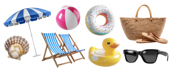 Set of beach pool must-have accessory essential gear, sunglass seashell bag, flip flops, deck chair lounger parasol umbrella towel, inflatable float ball, transparent cutout PNG. Many different mockup
