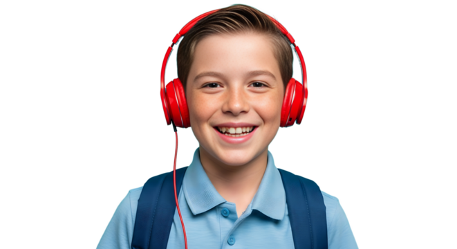Isolated mid-shot of joyful freckled schoolboy with headphones and backpack on transparent background