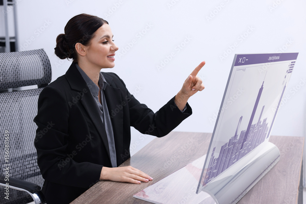 Poster building information modelling. woman using virtual screen in office