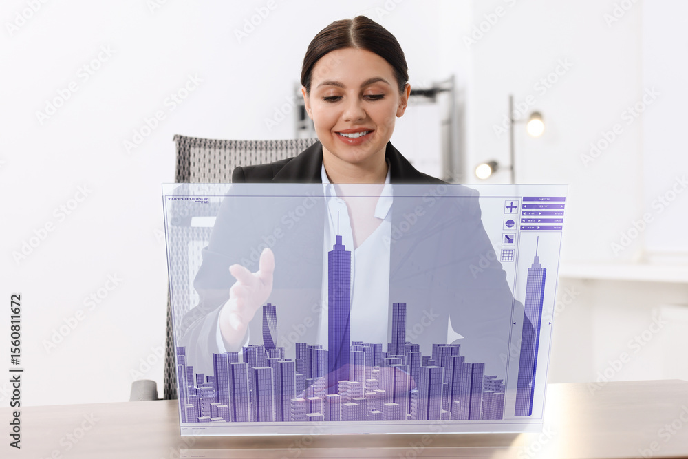 Poster building information modelling. woman using virtual screen in office