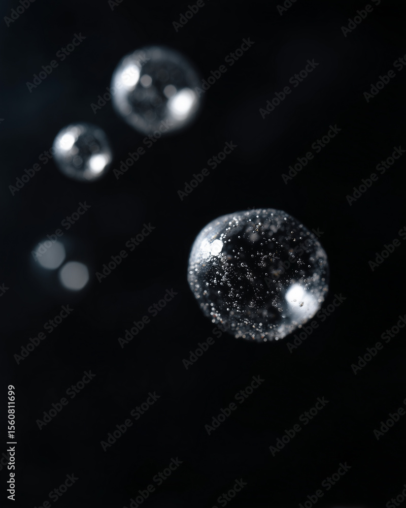 Aufkleber Close up of water bubbles with sharp edges float in dark background, abstract, mysterious, tranquil mood