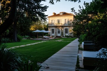 Obraz premium Beautiful evening at a tranquil villa surrounded by lush greenery, showcasing a well-maintained garden and wooden pathways illuminated by soft sunset light