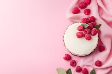 White cake with raspberries and mint, Elegant dessert on pink fabric, Gourmet sweet food, Minimal pastel background, Modern food styling, Copy space for text

