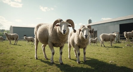 Obraz premium Countryside view with sheeps. Rural nature animals farm.