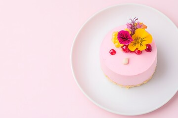 Mini pink cake with edible flowers, Gourmet dessert with berries, Elegant floral food styling, White plate on pastel pink, Modern minimal background, Copy space for text

