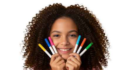  Isolated hyper-realistic close-up of a cheerful woman holding colorful markers on transparent background