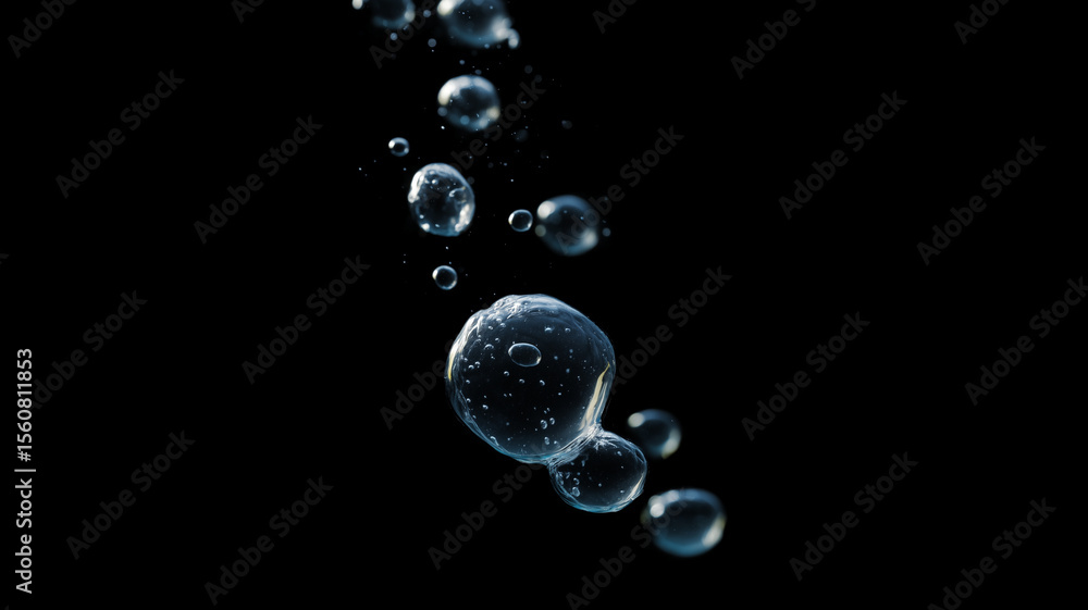 Poster crystal clear water bubbles floating on deep black background, creating sense of purity and tranquil
