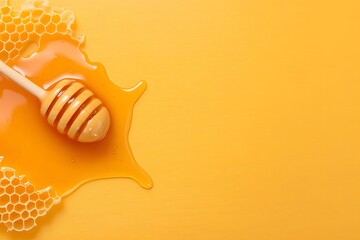 Honey dipper with honey and honeycomb, Sweet golden syrup on yellow, Organic healthy food ingredient, Minimal background, Top view, Copy space for text

