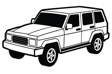 Black and White Illustration of a Classic Boxy SUV with Prominent Features