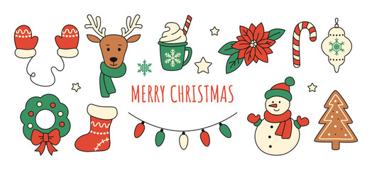 Merry Christmas set of festive symbols and design elements. Christmas garland, Christmas deer, hot chocolate, sock, snowman, bow wreath, gloves, poinsettia, stars, Santa's cane, Christmas tree toys