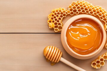 Bowl of honey with honeycomb and dipper, Organic sweetener, Natural golden syrup, Wooden beige background, Healthy food ingredient, Minimalist style, Copy space for text

