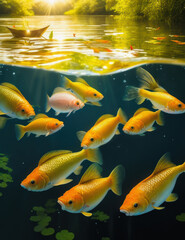 Golden fish under sunlit water