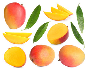Sweet mango fruits and green leaves isolated on white, set