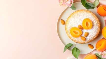 Apricot almond cake with blossom, Top view homemade sweet, Powdered sugar dusted dessert, Rustic fruit cake, Minimal beige background, Copy space, Food photography

