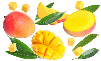 Tasty sweet mango fruits and green leaves on white background, collage