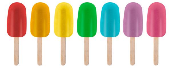Yummy bright ice creams in rainbow colors on white background, set