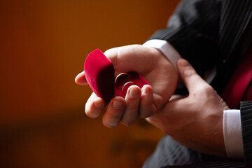 Person Holding Red Ring Box with Wedding Rings