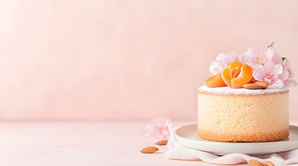 Mini cheesecake with blossom and apricot, Elegant dessert presentation, Gourmet cake on pastel pink, Spring sweet treat, Minimal food styling, Copy space for text

