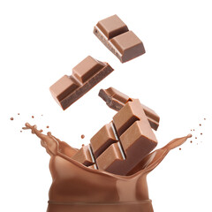 Chocolate pieces falling into splashing chocolate milk against white background