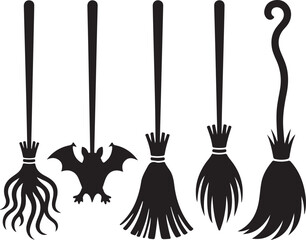 Witch broom silhouette vector bundle. Halloween broomstick icon set. broom Vector