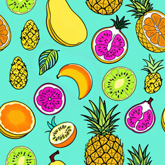 Colorful fruit pattern with tropical touches. Seamless pattern, one tile