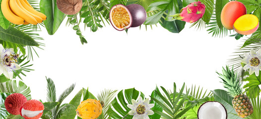Frame made of fresh tropical fruits, flowers and green leaves on white background