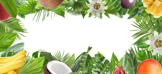 Frame made of fresh tropical fruits, flowers and green leaves on white background