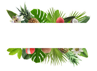 Fresh tropical fruits, flowers and green leaves on white background. Space for text