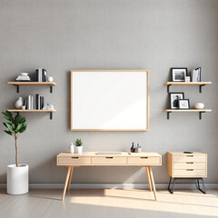 mockup frame display in modern home office stylish desk workspace interior design Scandinavian aesthetic concrete wall with bookshelves customizable art print 3D rendering illustration perfect for dec