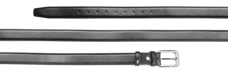 Black leather belt on white background, collage