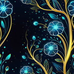 Golden floral vines with neon blue flowers seamless pattern, one tile