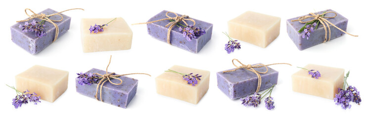 Soap bars and lavender flowers isolated on white, set