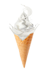 Tasty ice cream in waffle cone and milk splash against white background