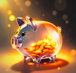 Sparkling piggy bank filled with radiant golden coins under soft lighting