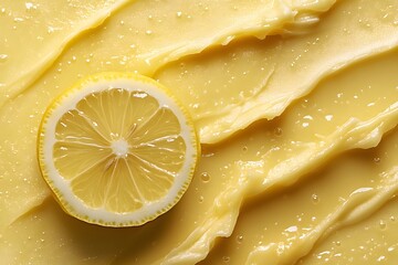 Lemon slice on yellow cream, Macro closeup dessert, Bright yellow background, Fresh citrus concept, Minimal clean composition, Summer bakery design, Copy space for text

