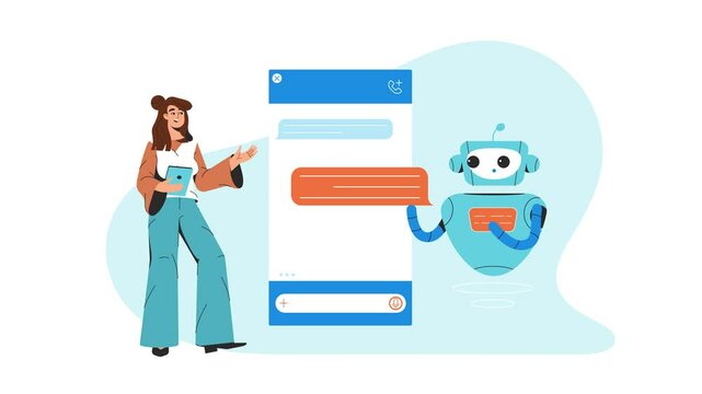 A girl communicates with a robot with artificial intelligence in a messenger chat room. Cartoon vector animation in flat art style
