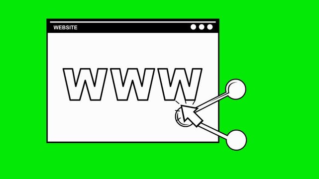 video animation black and white concept icon computer mouse click share website url button, on a green chroma key background