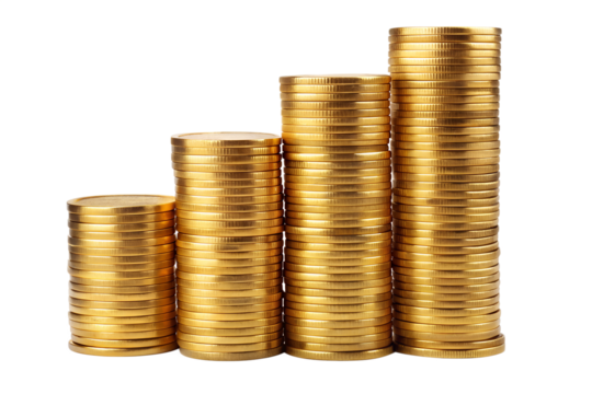 Stacks of gold coins arranged in ascending order, isolated on transparent background