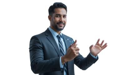 Confident businessman presents with hand gestures against a stark black backdrop, ideal for demonstrating communication skills or professional success.