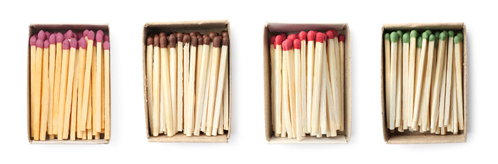 Cardboard boxes with matches on white background, top view. Set