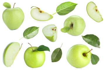 Fresh green apple fruits and leaves isolated on white, collage